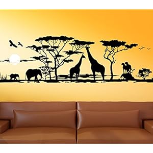 Wandora G012 Afrika Savanne Giraffe olifant steppe muursticker zwart (BxH) 150 x 46 cm