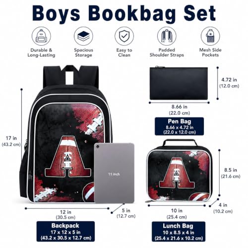 Image of gxtvo 3PCS Boys Rugby Bookbag, 17 inch Kids Letter Backpack with Lunch Box, Water Resistant Middle Elementary School Bag - Rugby A