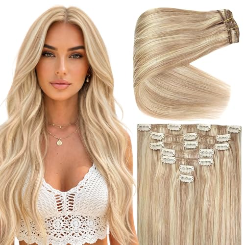 Extension Clip Cheveux Réels Blond VeSunny P18/6 35cm 90g pour Volume Tête Complète