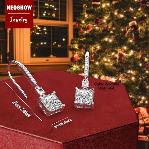 18K White Gold Plated Sterling Silver Square Princess Cut Cubic Zirconia Dangle Earrings for Women Square CZ Diamond Drop Dangling Earrings for Women Mom Hypoallergenic3