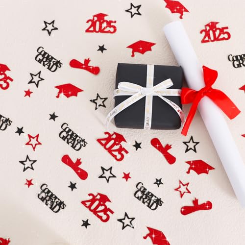 Image of 300Pcs Glitter Red and Black Graduation Table Confetti with Star，Congrats Grad Confetti 2025 Decorations, Perfect for Graduation Party Decor, Class Of 2025 Celebration Supplies