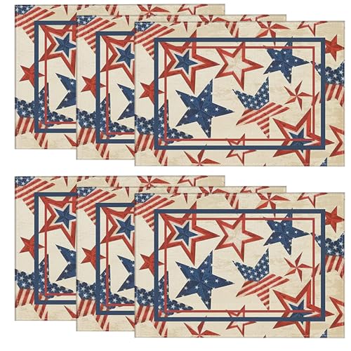 Niviy Retro Stars Stripes Patriotic Placemats Set of 6, 12x18 Inch Memorial Day Independence Day Table Mats for Holiday Party Kitchen Dining Room Decoration