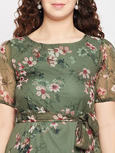 Image of SEREIN Fashfun Women's Maxi Dress (Green Floral Printed Chiffon Dress with Short Puff Sleeve)