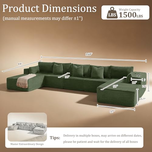 Image of 168 inch Cloud Sectional Couch, Comfort U Shaped Sofa for Living Room, Extra Deep Seats No Assembly, Minimalist Modular Couch, Corduroy (Olive Green, 7 Seats,U-Shape C)