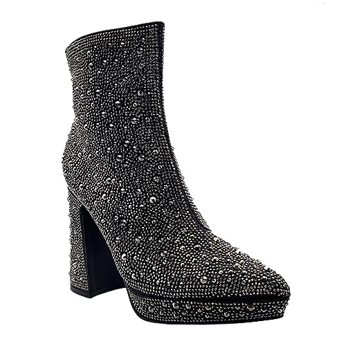 ABSOLEX Women Pointed Toe Rhinestone Platform Ankle High Chunky Block High Heel Bootie