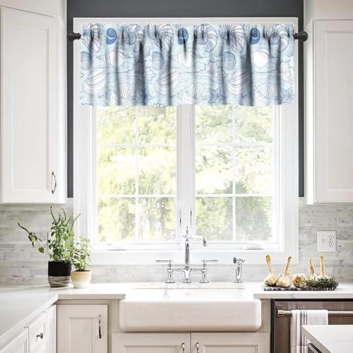 Image of Seashell Kitchen Valance Curtain, Vintage Blue Coastal Corals Sea Beach Sealife Theme Window Treatment Valances for Kitchen Living Room Cafe Decor 54'x18', 1 Panel