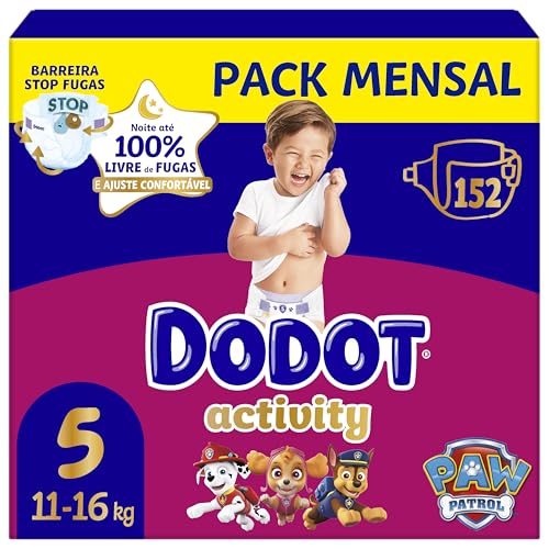 Dodot Pañales Bebé Activity, Talla 5 (11-16 kg), 152 Pañales, Hasta 12h de Protección Antifugas y Ajuste, Pack Mensual