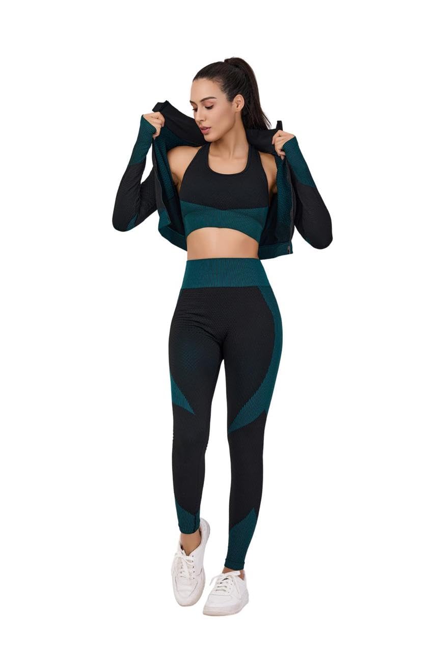 Womens 3-Piece Seamless Workout Set High-Waist Leggings Sports Bra Crop Top Yoga Fitness Gym Activewear