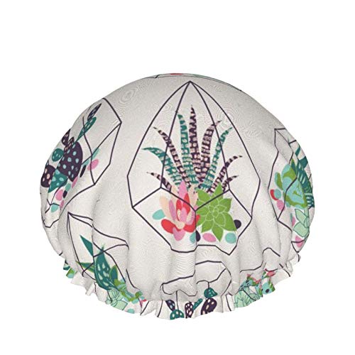 Succulents And Cactuses Luxury Shower Cap For Women Waterproof, Reusable Shower Cap For Women Peva Lining Oversized Design For All Hair Lengths 10.6 Ins In Diameter
