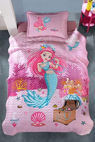 paradise-RANFORCE-100-Cotton-Girls-Bedding-Mermaid-Themed-Bedspread-Coverlet-with-Pillowcase-Pink-Twin-Size 51Bv0aCb3IL