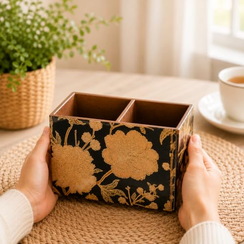 Image of Wooden Spoon Holder for Dining Table | 2-Section Cutlery Storage Box | Kitchen Utensil Organizer with Elegant Gold black Pattern | Multipurpose Tabletop Stand | 10 x 16 x 12 cm (Black Design)