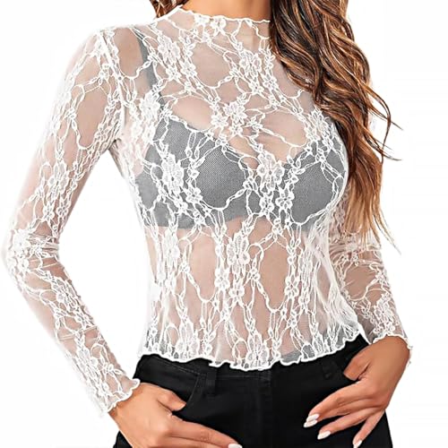 Hauts Transparent Femme Sexy en Dentelle à Manches Longues Top Mesh Haut en Maille Chemisier Voir à Travers T-Shirts, S-XL (FR/ES, Alpha/Lettres, S, Taille Normale,...