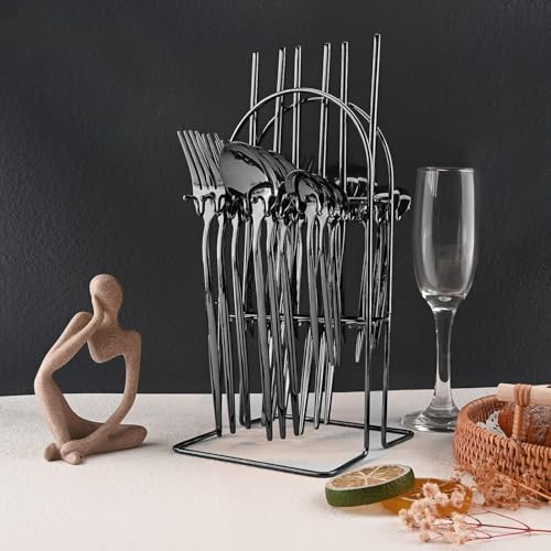 Image of BonZeaL Stainless Steel 24 Pieces Black Cutlery Set for 6 Person with Stand Mirror Finish Flatware Set for Dining Table Hotel Cafe Bar Restaurant Premium House Warming Gifts for New Home Kitchen