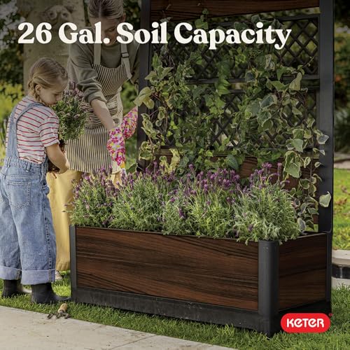 Image of Keter Outdoor Planter Box with Privacy Screen and Trellis - 26 Gallon Raised Garden Bed for Climbing Plants & Flowers - Wood-Look Resin, Weather-Resistant Divider for Patio, Balcony & Backyard