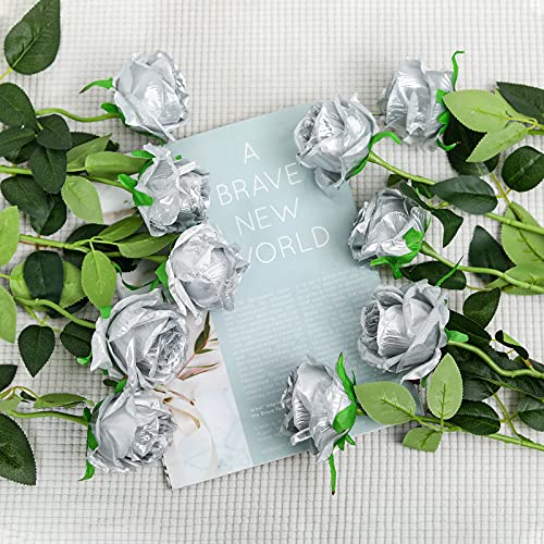 Hawesome 12Pcs Artificial Silk Flowers Realistic Roses Bouquet Long Stem For Home Wedding Decoration Party (Silver) #TOP6