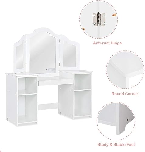 Miniatura 5 de INFANS tocador para niños, juego de escritorio de princesa 2 en 1 con espejo desmontable de tres pliegues, estantes de almacenamiento grandes,