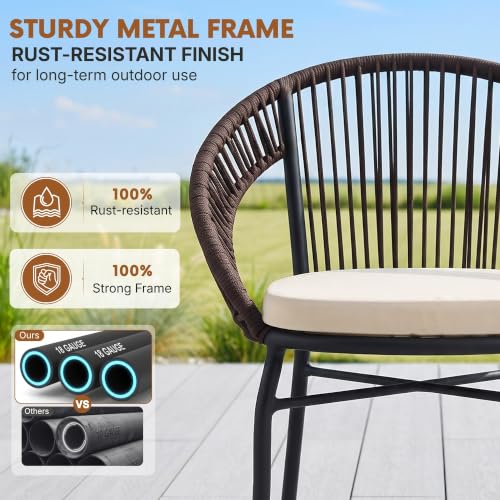 Image of DEVOKO Bliss 3 Piece Outdoor Patio Rope Conversation Set with Glass Top Table (Dark Brown /Cream), Powder-Coated Metal Frame & Water-Resistant Cushions for Balcony, Garden, Terrace