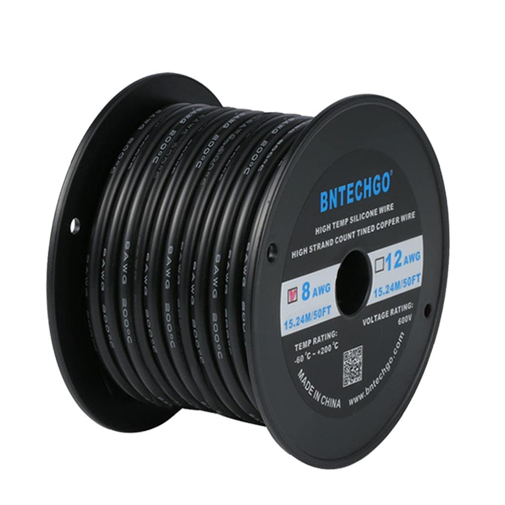 BNTECHGO 8 Gauge Silicone Wire Spool 50 ft Black Flexible 8 AWG Stranded Tinned Copper Wire