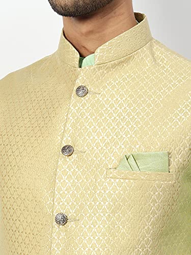 Image of Uri and MacKenzie Men's Silk Blend Regular Kurta Churidar Pyjama with Bundi Nehru Jacket /Waistcoat