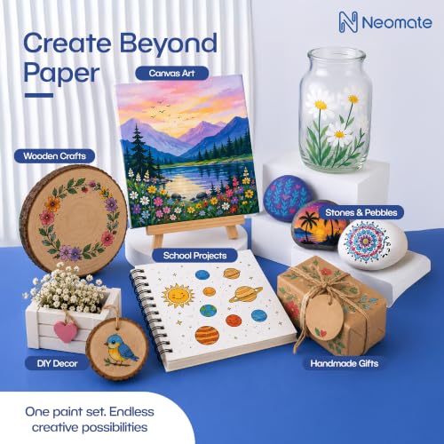 Image of Neomate Acrylic Paint Set - 24 Premium Acrylic Paint Tubes with 4 Brushes - Vibrant, Non-Toxic Pigments for Canvas, Glass, Plastic, Rocks, Arts and Crafts
