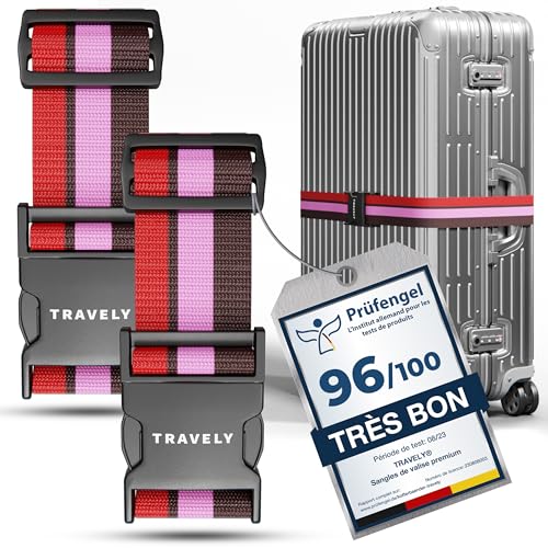 Travely® Lot de 2 sangles de valise de qualité supérieure, particulièrement attrayante et sûre, avec 2 étiquettes à bagage, sangle de bagage idéale en...