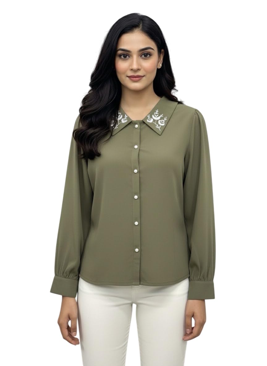 winered Women White Contrast Collar Embroidered Shirt-picture-29