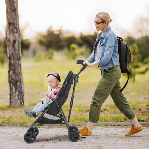 Image of One-Handed Folding Lightweight Stroller, Large Storage Basket, Canopy, Cup Holder, Compact Umbrella Stroller Durable Frame, 3-36M Travel Stroller for Airplane Ultra Overhead Friendly (Black)