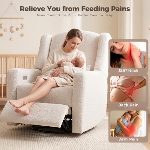 Image of Power Nursery Recliner Rocking Chair with Waist Pillow, Comfy Teddy Farbric, High Back & Lumbar Support Swivel Gilder Recliner for Adults, Living Room, Rocking Chair Nursery USB Charging, Beige