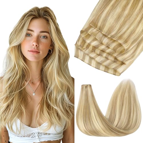 Image of GOO GOO Genius Weft Hair Extensions Human Hair, Sew In Weft Extensions, Seamless Blend & No Bulk Flat, Natural Volume for Women, 16 /22 Light Blonde Highlighted Golden Blonde 14 Inch 50g