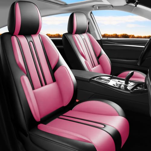 Image of Fit Acadia Car Seat Covers (Only Front 2 Seats) Compatible with GMC Acadia 2007-2024 2025 2026 - Full Coverage Breathable Leather,Airbag Compatible,Waterproof & All-Weather,Black-Pink