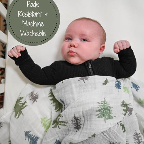 Image of LollyBanks Swaddle Blanket | 100% Muslin Cotton | Newborn and Baby Nursery Essentials for Boys, Registry | Pine Tree Print