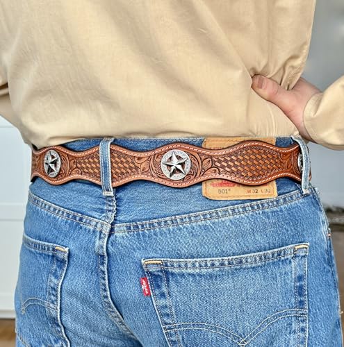 DANIEL'S ARTPLANET Men's Western Leather Belt Handmade Full Grain Leather Tooled Cowboy Belt with Removable Buckle 1.5”4