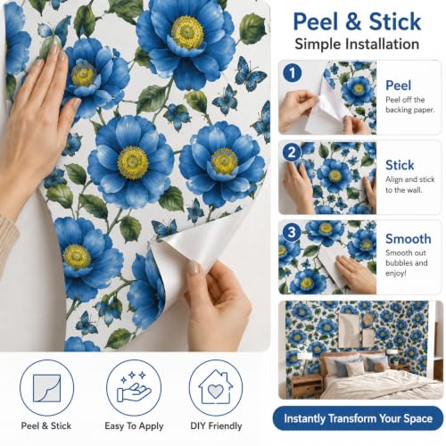 Image of Blue Floral Botanical Peel and Stick Wallpaper - Vintage Flower & Butterfly Self Adhesive Wallpaper Roll for Bedroom, Living Room, Kitchen, Furniture, Cabinets & Home Decor
