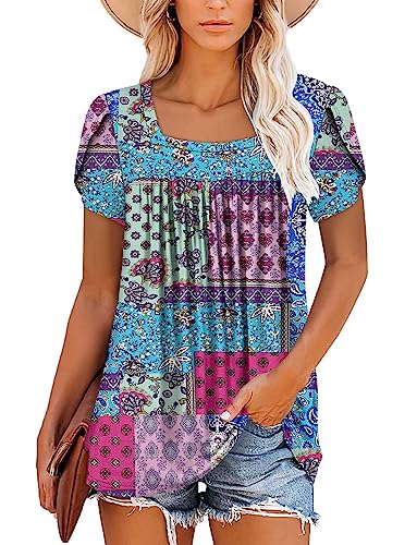 BETTE BOUTIK Womens Summer Tops Short Sleeve Pleated Square Neck Tunics Shirts Blouses S-3XL2