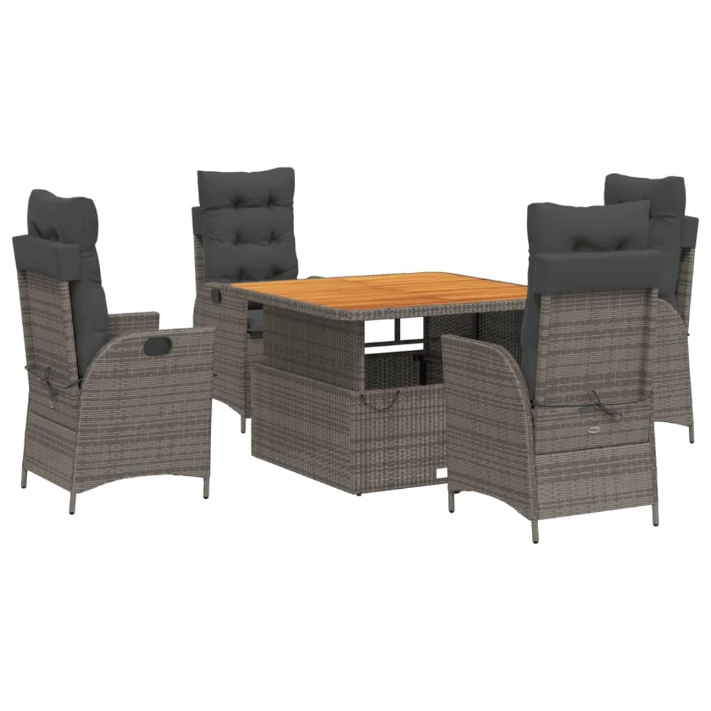 Conjunto de comedor de jardín para terraza con respaldo ajustable y tablero de mesa en color gris de poliratán, incluye cojines y fundas extraíbles
