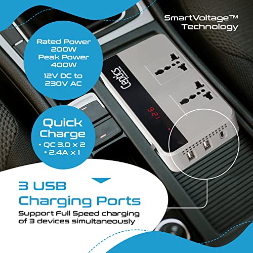 Ceptics-200W-Car-Laptop-ChargerPower-Inverter-with-2-USB31A-Max-1-C-Type1-18W-PD-Smart-USB-Charging-Ports-12V-DC-to-220V-AC-2X-Universal-AC-Outlet-Grey-18-Months-Warranty