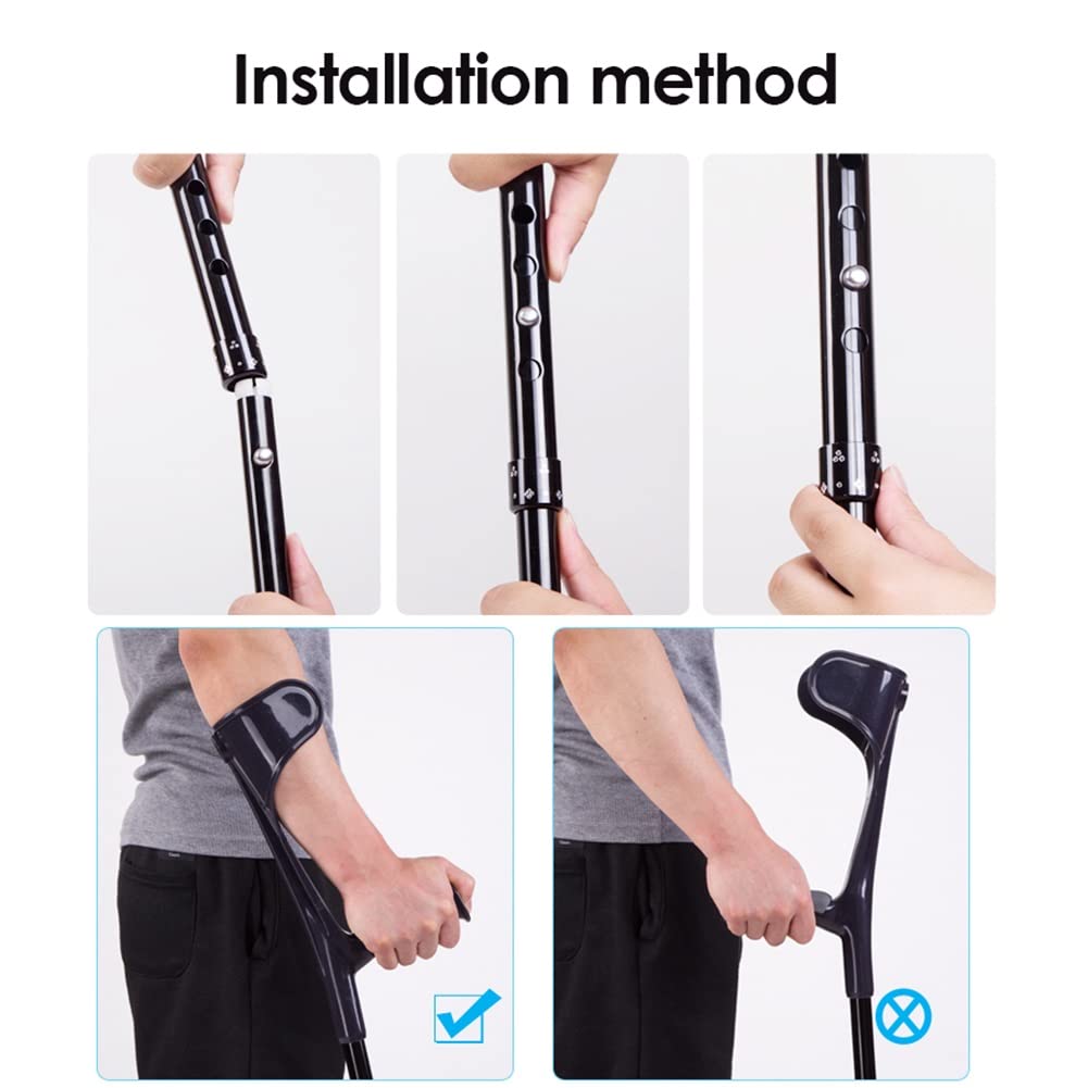 Coppia di stampelle Pieghevoli per Adulti, stampelle avambraccio per Camminare, Alluminio, Regolabili in Altezza, con Impugnatura Anatomica, carico 100 kg (Color : Black)