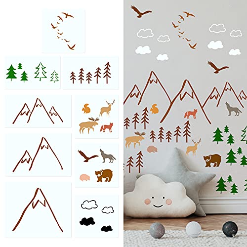 Image of PARBEE 9 Set Woodland Painting Stencils for Nursery Decor - Mountain Forest Animals Sky Cloud Birds Template DIY Wall Art Painting