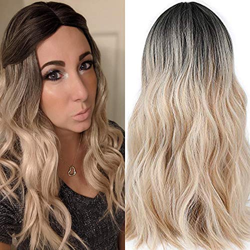 SUKRI Long Wavy Wig for Women Hair Wig With Bangs Simple Wear Mixed Blonde Naturally Synthetic High Heat Resisting Silk for Party Christmas Cosplay