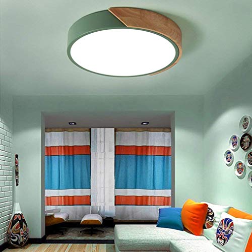 Plafonnier LED moderne macaron vert et bois dimmable avec télécommande