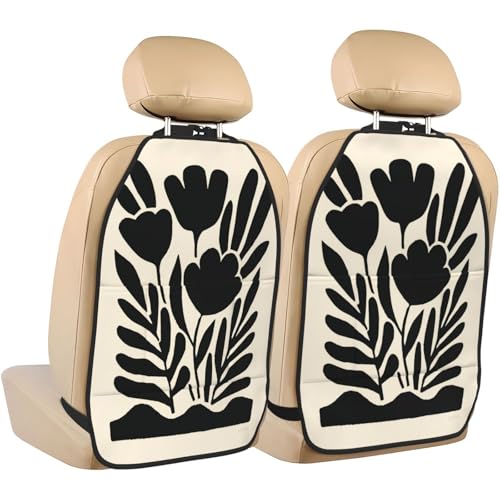 Simple Black Flowers Leaves Vintage Car Seat Back Kick Protectors,2 Pack Kick Mats with Storage Pockets for Vehicles to Protect from Dirt Mud Scratches
