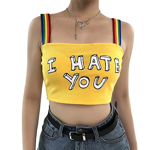 Women Cute Printed Spaghetti Strap Backless Crop Top Slim Waist Harajuku Streetwear Camis (Yellow 1, Medium)