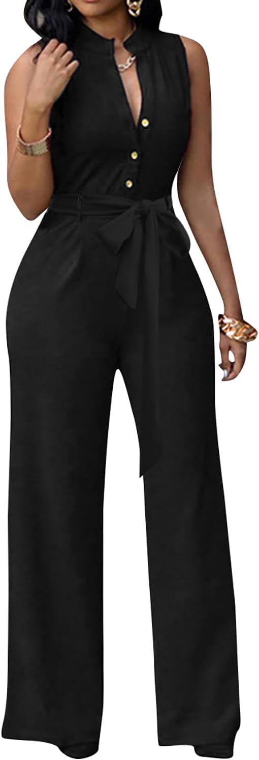 Sexy 3/4 Sleeve Jumpsuit for Women V Neck High Waisted Long Wide Leg Pant Button Down Party Romper with Belt - Image 3