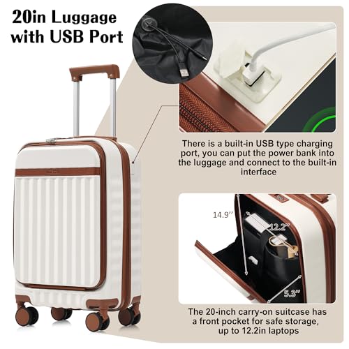 Image of Hardshell Luggage, Lightweight Suitcase with Spinner Wheels, WHITE BROWN+USB