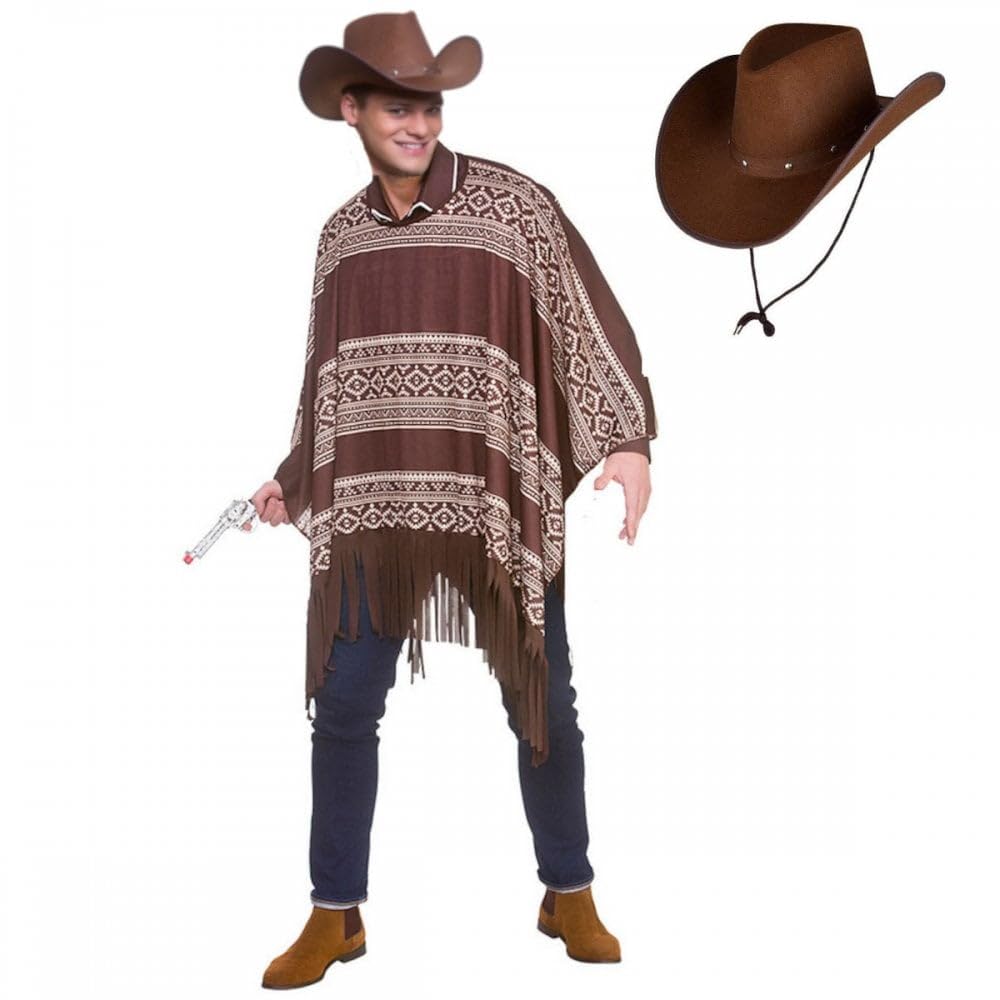 Titch & Timbo Western Cowboy Poncho + Dark Brown Texan Hat with Black Bandana Accessory Option : Mens Adult Wild West Drifter Gunman Fancy Dress Costume Set (Poncho + Hat ONLY)