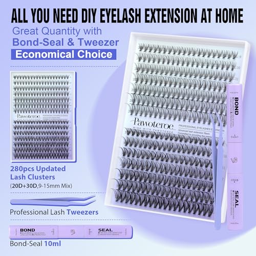 Image of Pawotence Lash Extension Kit DIY 280pcs Individual Lash Clusters Kit 20D&30D Natural 9-15mm Cluster Eyelash Extensions Kit with Lash Bond and Seal, Tweezers for Self Use (20D&30D, 0.07D, 9-15mm, Kit)