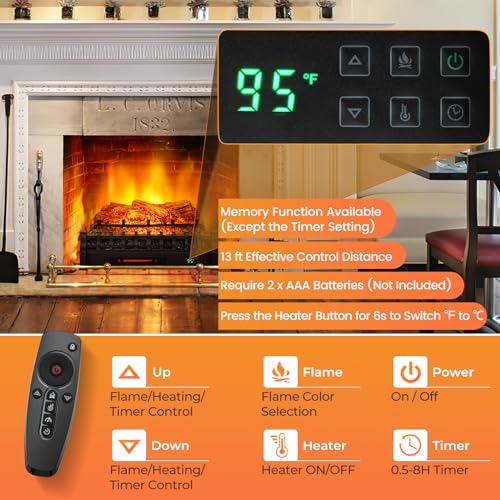 Image of Tangkula 26 inch Infrared Quartz Electric Fireplace Log Heater with Realistic Pinewood Ember Bed, Electric Fireplace Heater Insert with Overheat Protection, Thermostat, 8H Timer, Remote Control, 1500W