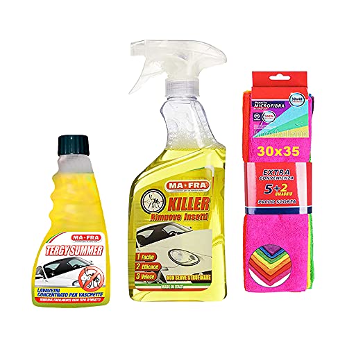 Ma-Fra Set MAFRA Killer RIMUOVE Insetti 500ML - TERGY Summer LAVAVETRI CONCENTRATO 250ML - Piu' 7 Panni Microfibra Multiuso 30x35 cm