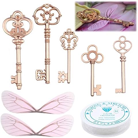 Aokbean 50pcs Vintage Skeleton Keys Flying Keys with Dragonfly Wings and Clear Fishing Line for DIY Craft Jewelry Making Necklace Bracelet Charms Crafts Party Favor Home Decoration (Rose Gold) Cover