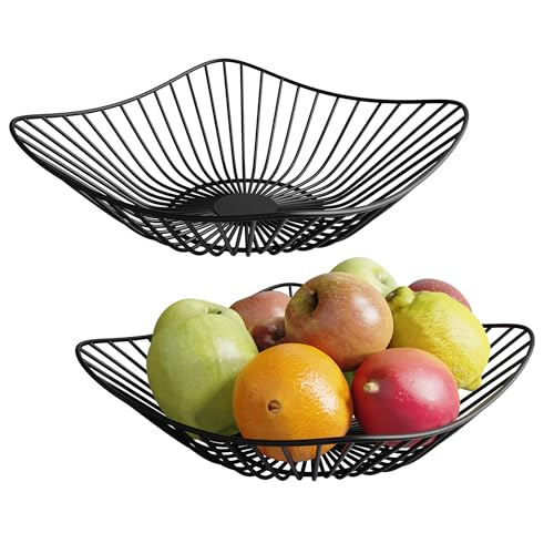 WELDUN 2 cuencos de frutas de metal negro, cesta de frutas de alambre para encimera de cocina y centro de mesa, cestas minimalistas modernas de decoración del hogar para almacenamiento de frutas y
